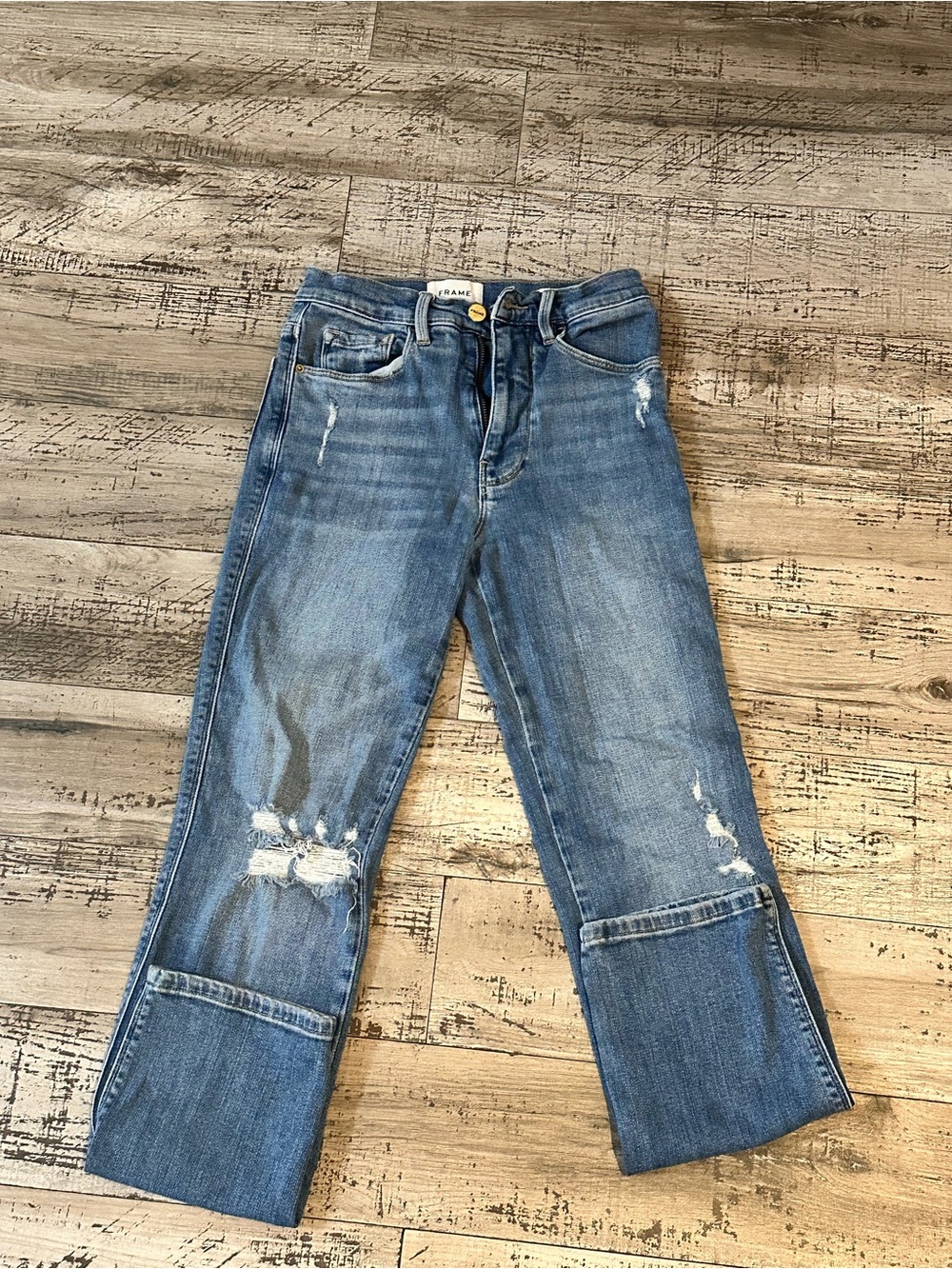 Frame Denim Blue Distressed Wide-Leg Jeans